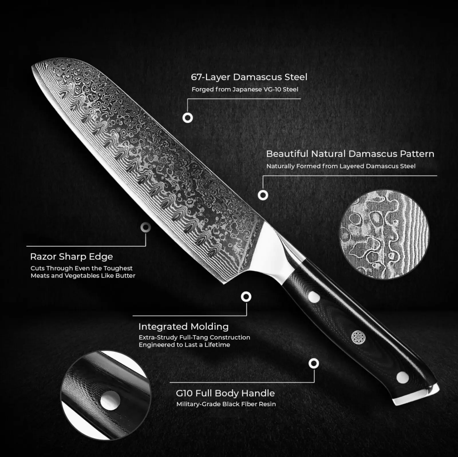 Close-up of the rippled Damascus pattern across the blade